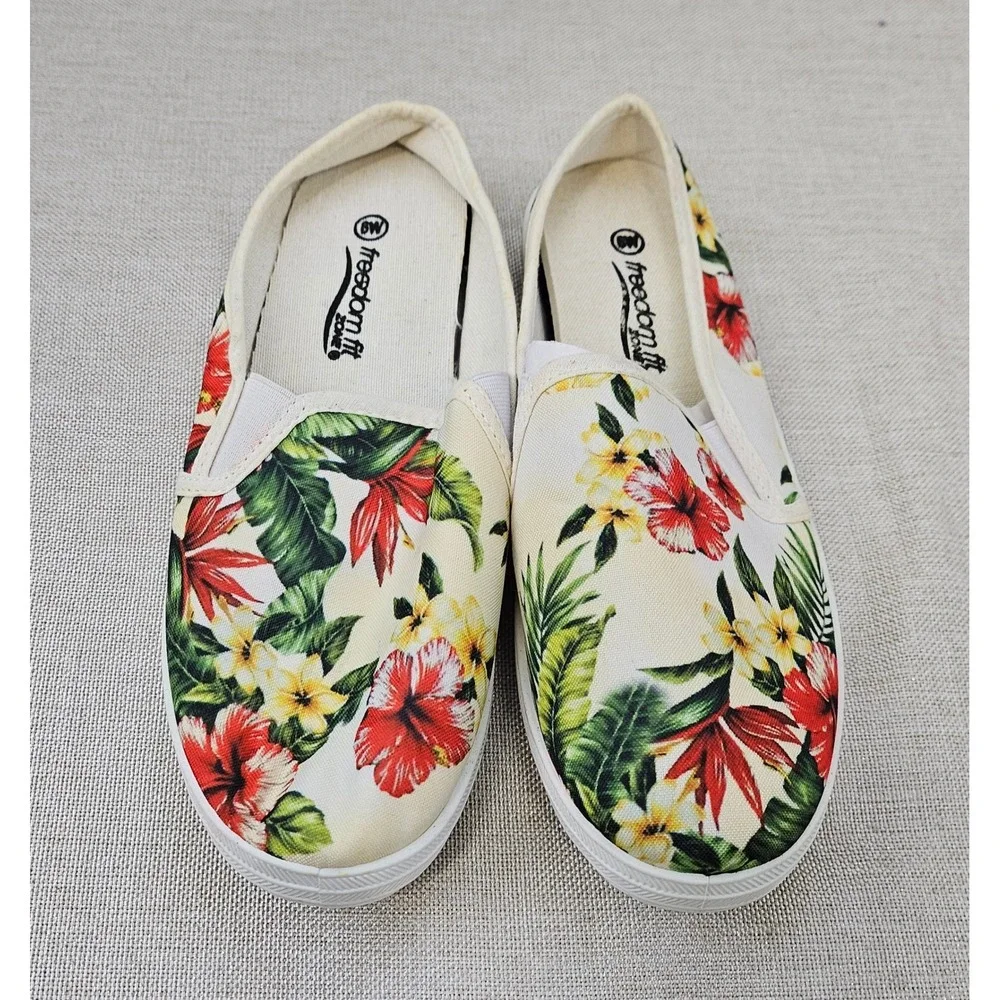 Freedom‎ Fit Zone Womens Slip On Canvas Floral Print Sneakers Shoes 7M New